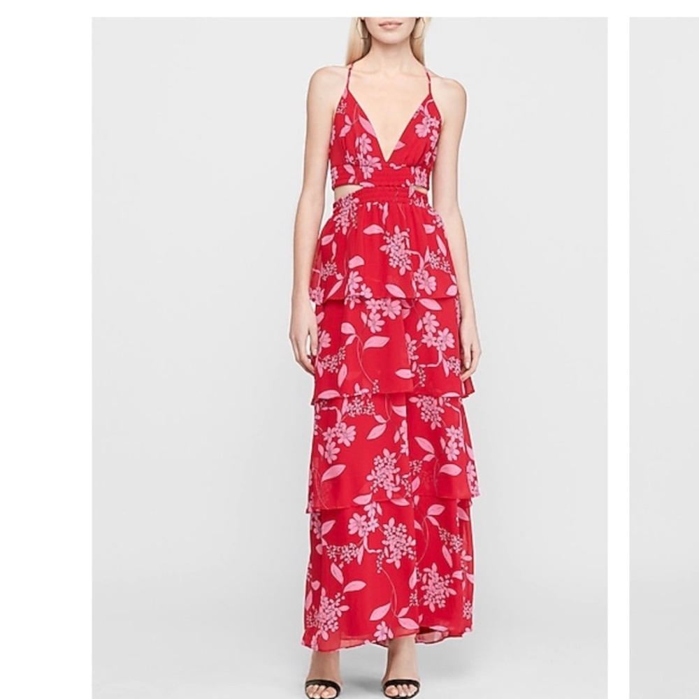 Express link and  Red Floral Maxi Dress with ruffles